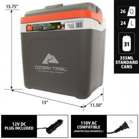 Ozark Trail Highline 12V Iceless 30 Cans 24 L/26qt Electric Cooler,Portable Travel Thermoelectric Car Cooler,Grey