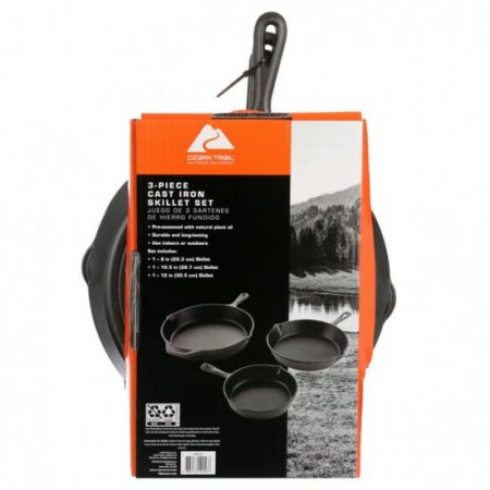 Ozark Trail 3 Piece Cast Iron Skillet Set,Pre-seasoned (8",10.5",12")